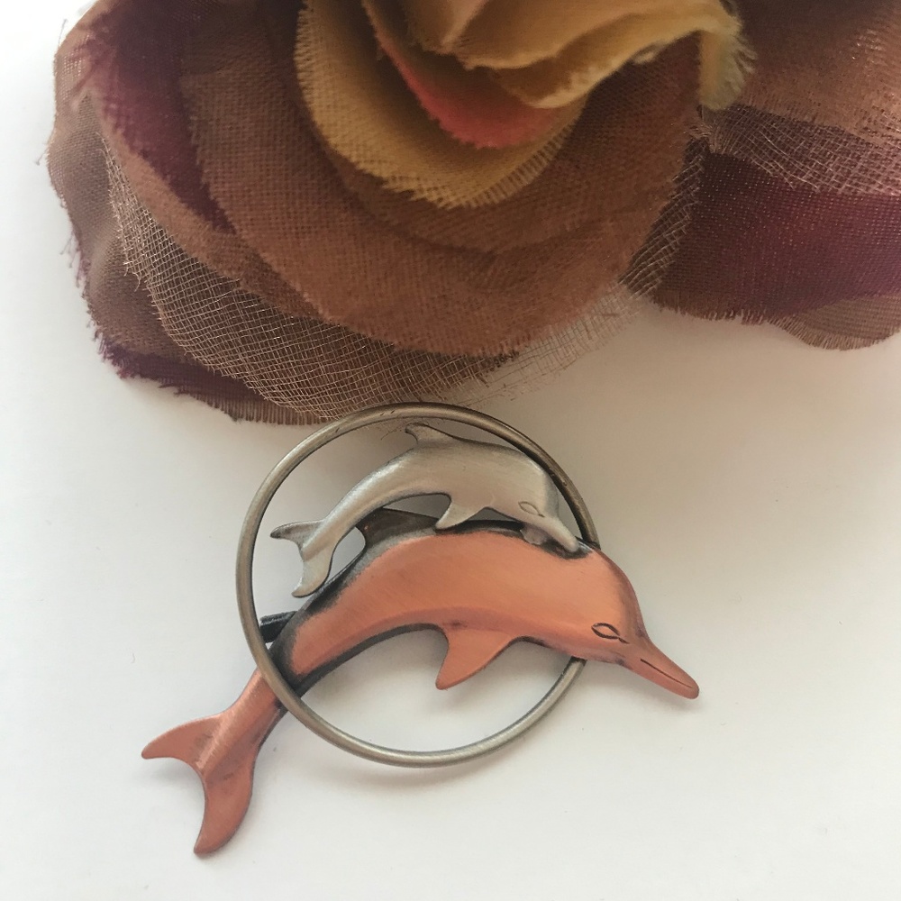 VTG Copper Silver Tone Double Dolphin Brooch Pin